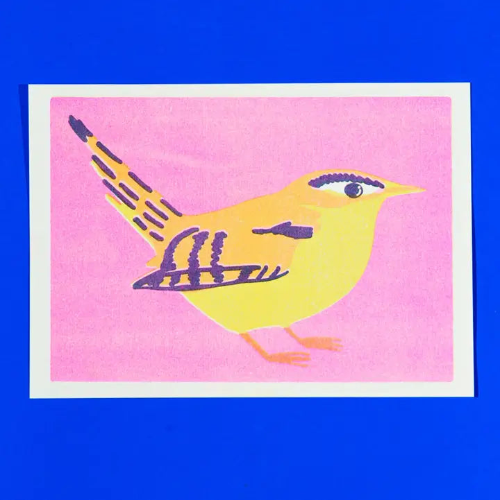 Naomi Wilkinson A5 print: a yellow and purple wren on pink