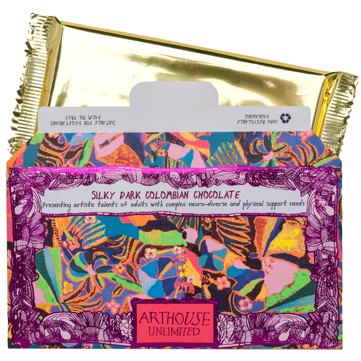 Psychedelia chocolate bar half out of its sleeve, showing the gold foil