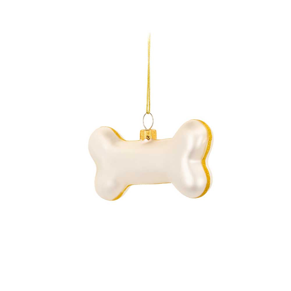 Glass Christmas bauble shaped like a cream dog bone with gold edges