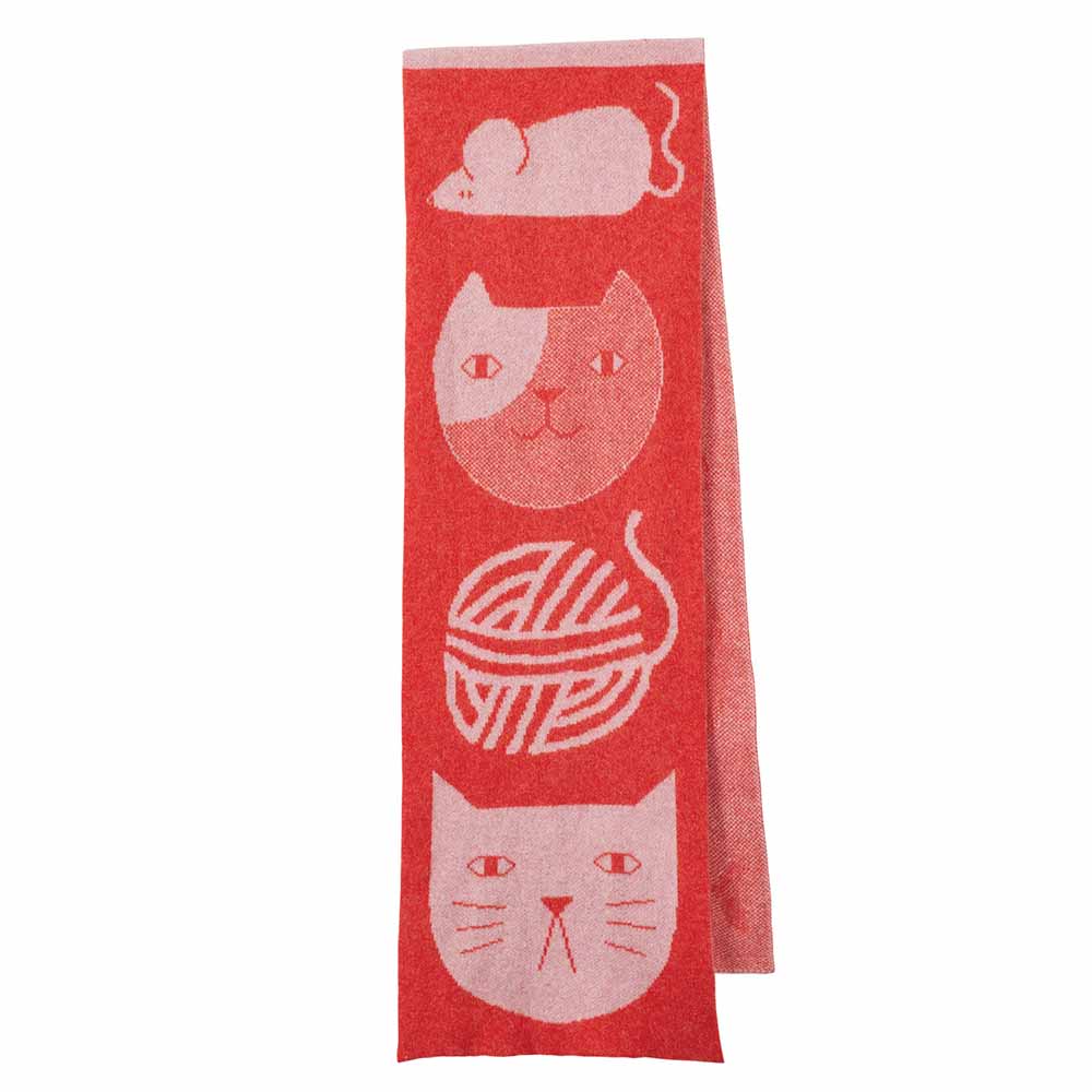 Red and pink knitted scarf with a mouse, cat faces and a ball of wool