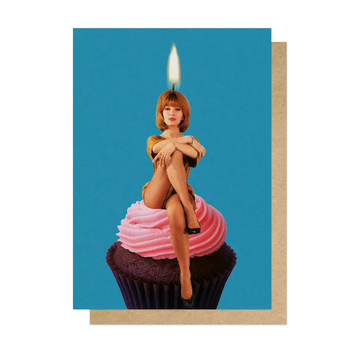 East End Prints card: a woman with a candle flame on her head sitting on a pink cupcake, on blue