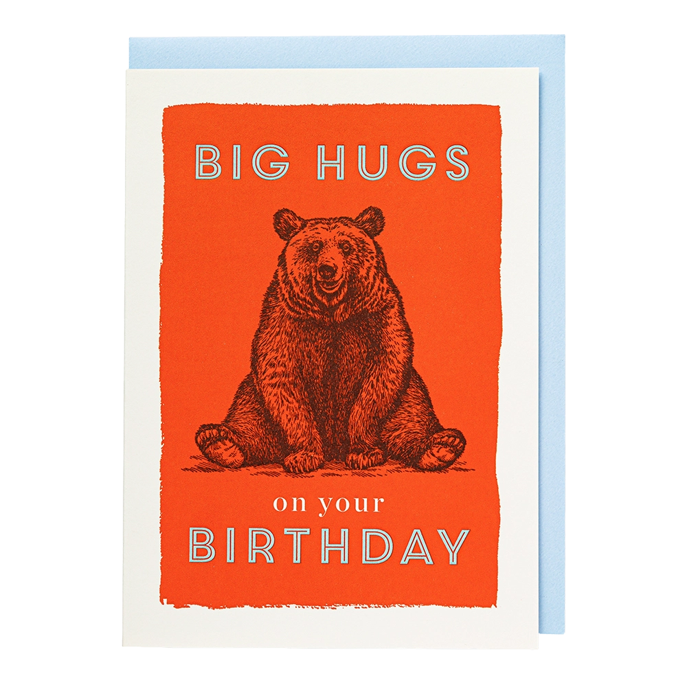 Orange letterpress card with a brown bear: Big hugs on your birthday