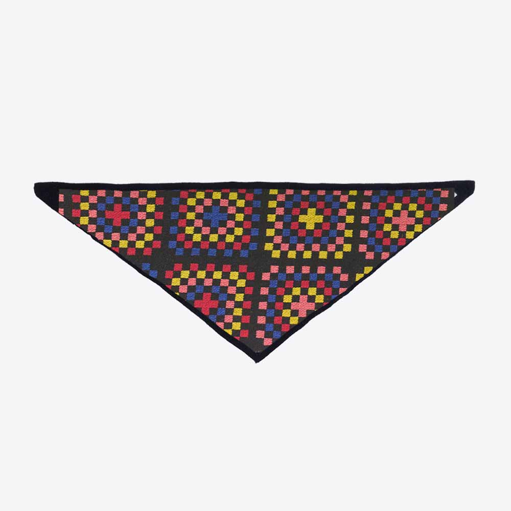 Miss Pom Pom granny squares wool triangle scarf in navy with colourful squares