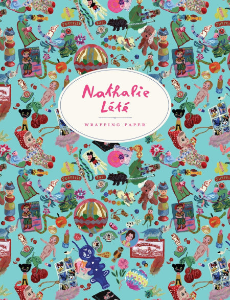 Nathalie Lété wrapping paper book: turquoise cover patterned with colourful toys, flowers and animals