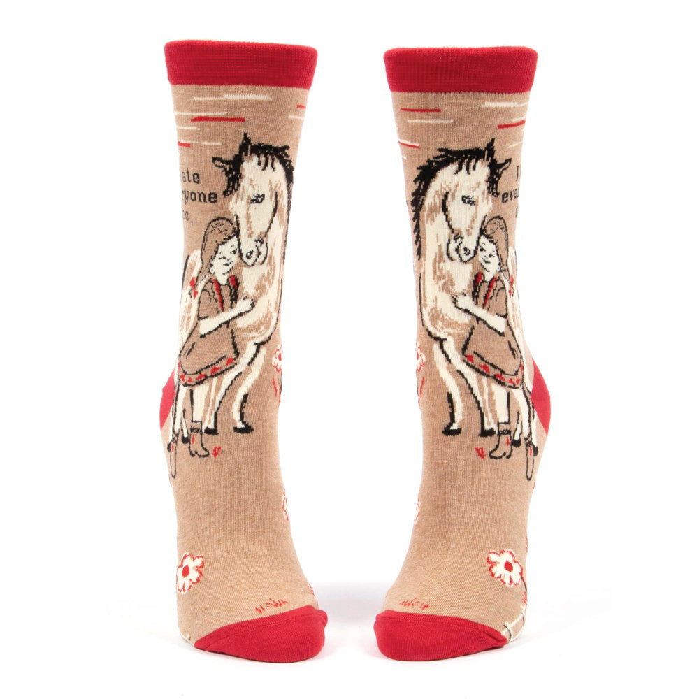 Front view of the I hate everyone too socks with red cuffs, heels and toes
