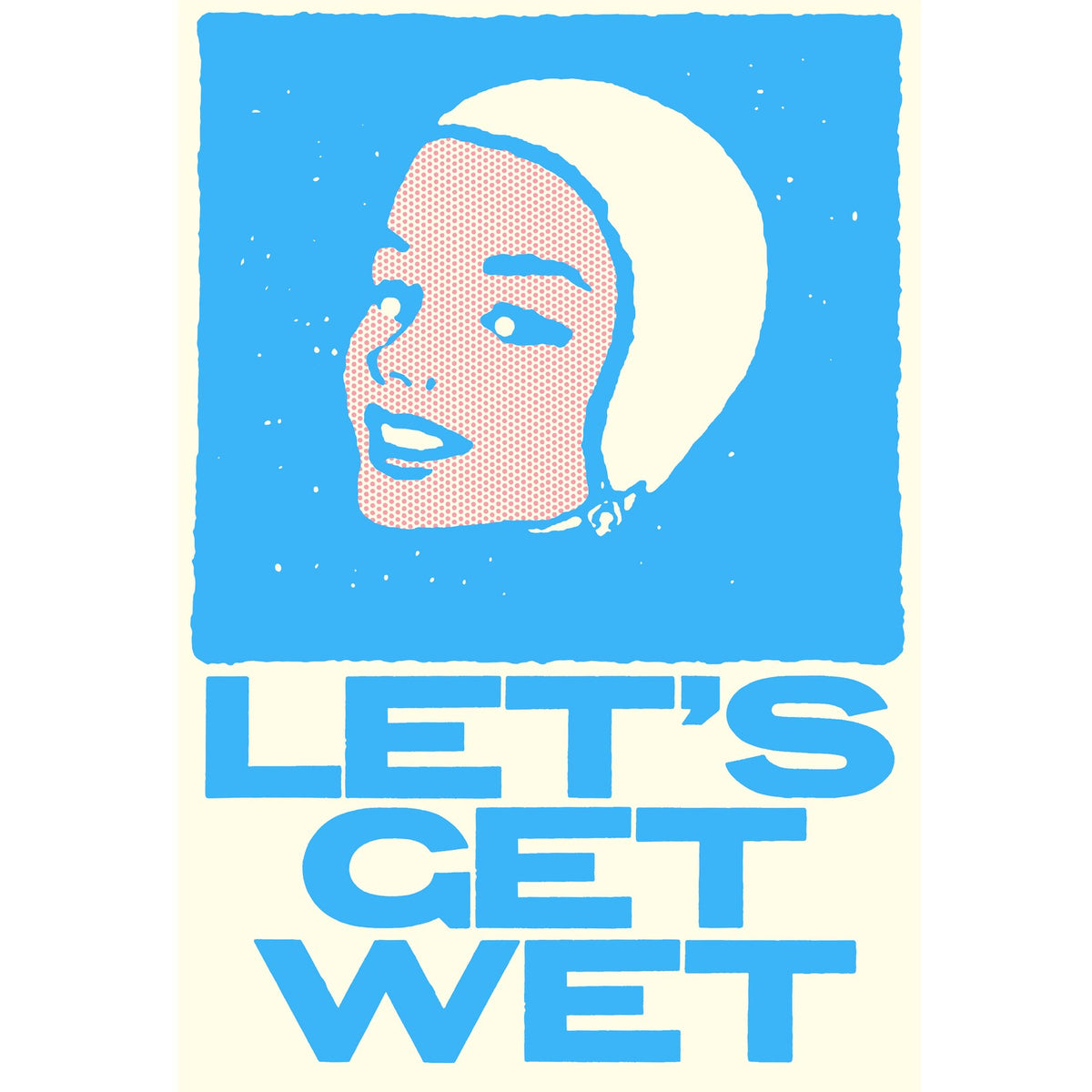 Mandy Doubt A3 print: a woman in a swimming cap with 'Let's get wet' in blue