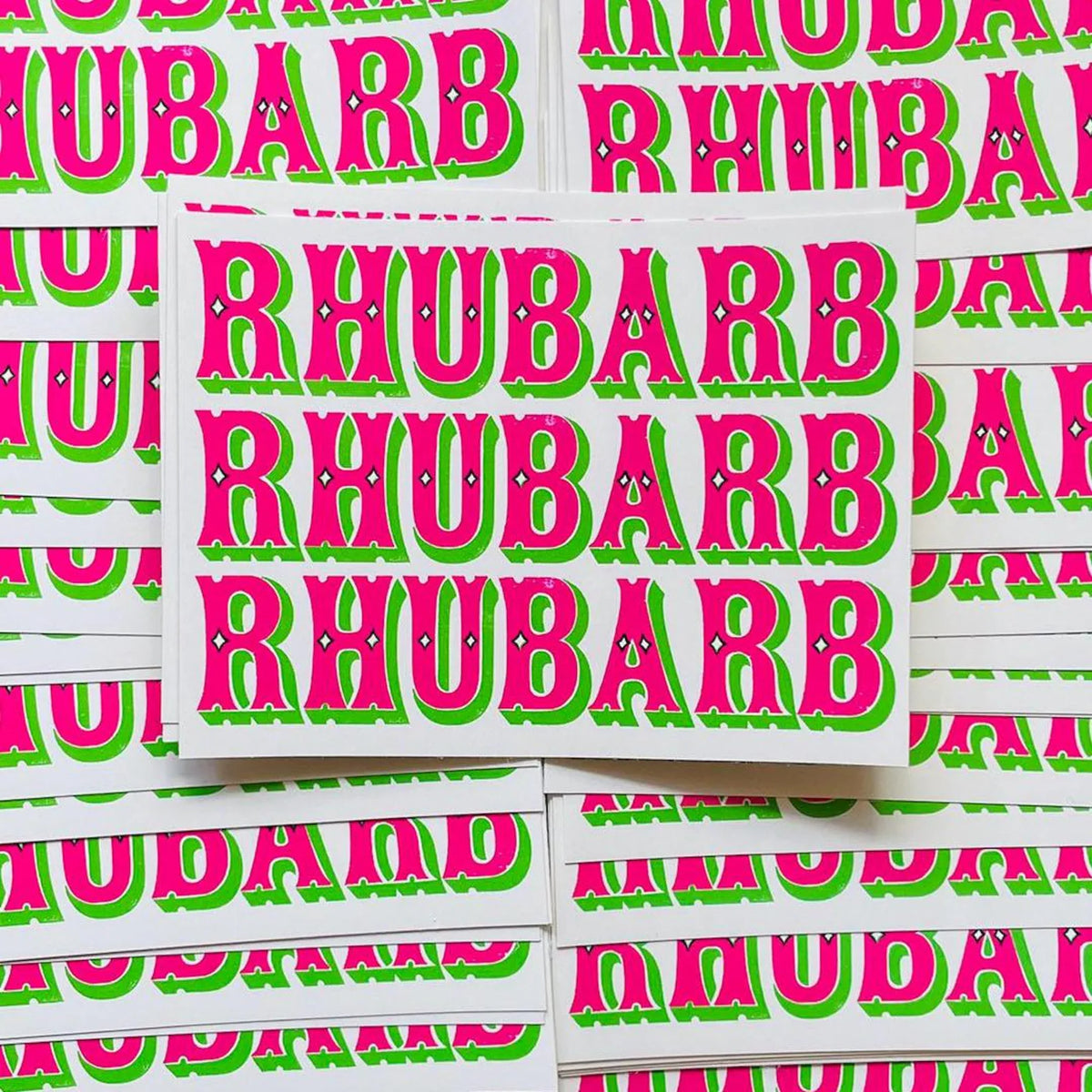 Mandy Doubt stickers in pink and green circus lettering reading 'Rhubarb'
