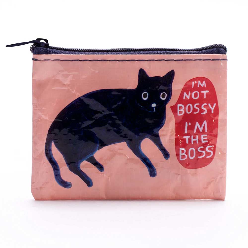 Blue Q pink coin purse: a black cat beside a speech bubble reading 'I'm not bossy, I'm the boss'