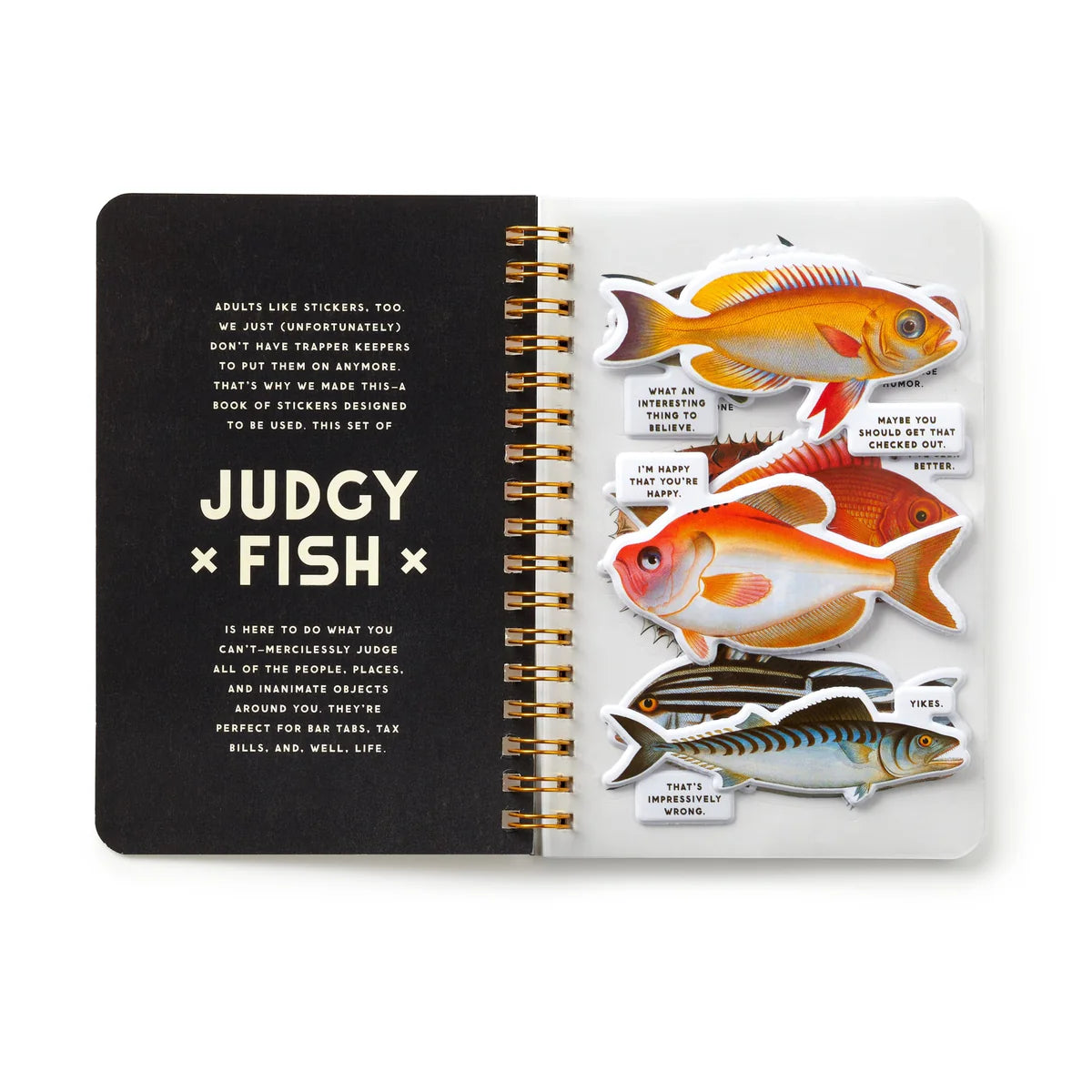 Judgy Fish sticker book open at the title page, with orange and striped fish stickers and their speech-bubble captions