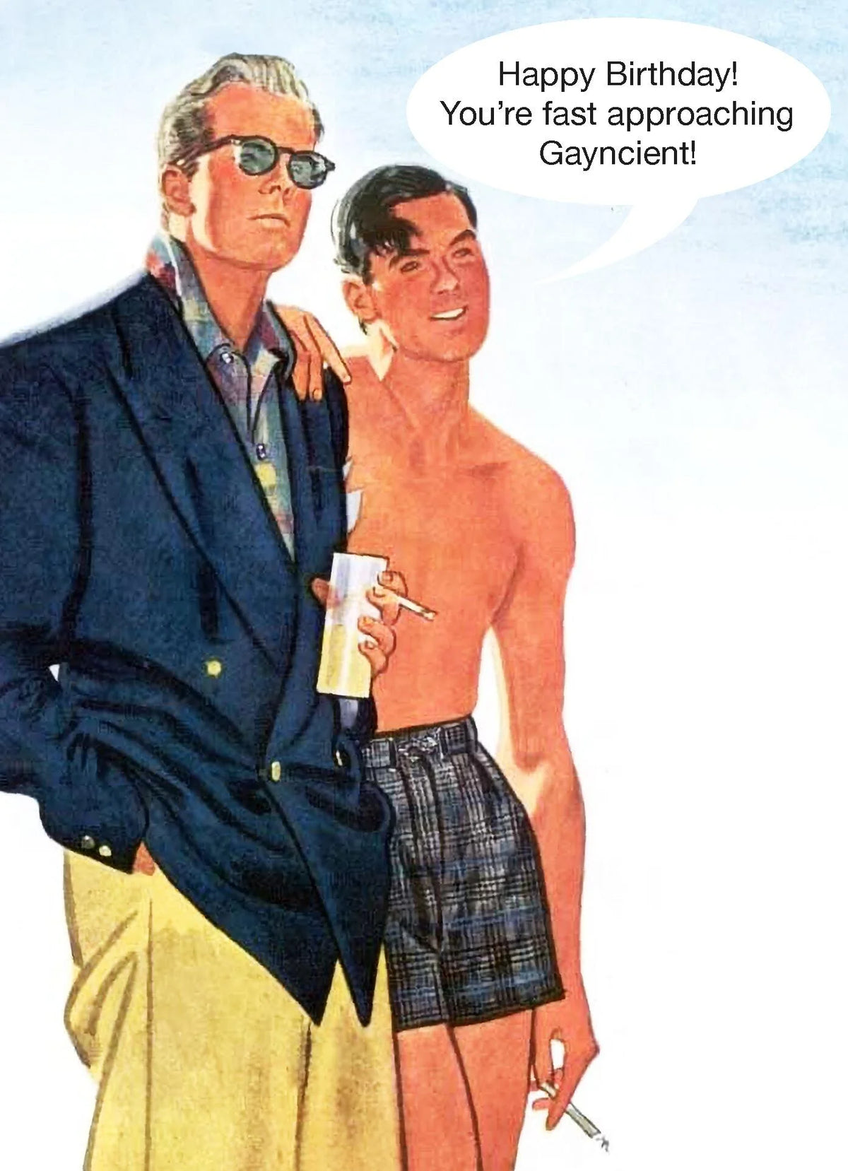 Kiss Me Kwik card: two men in 1950s style; 'Happy Birthday! You're fast approaching Gayncient!'