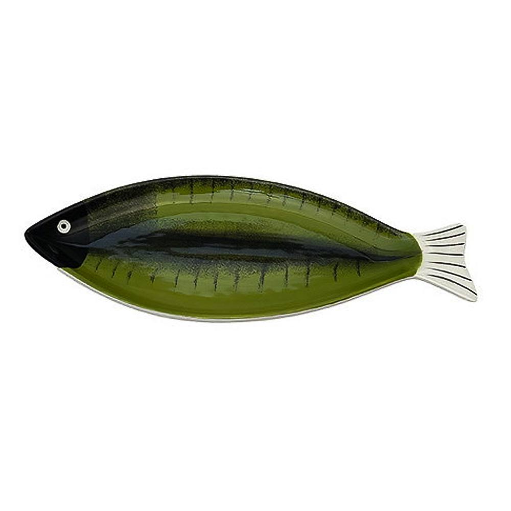 Long green ceramic fish dish with dark stripes and a white tail