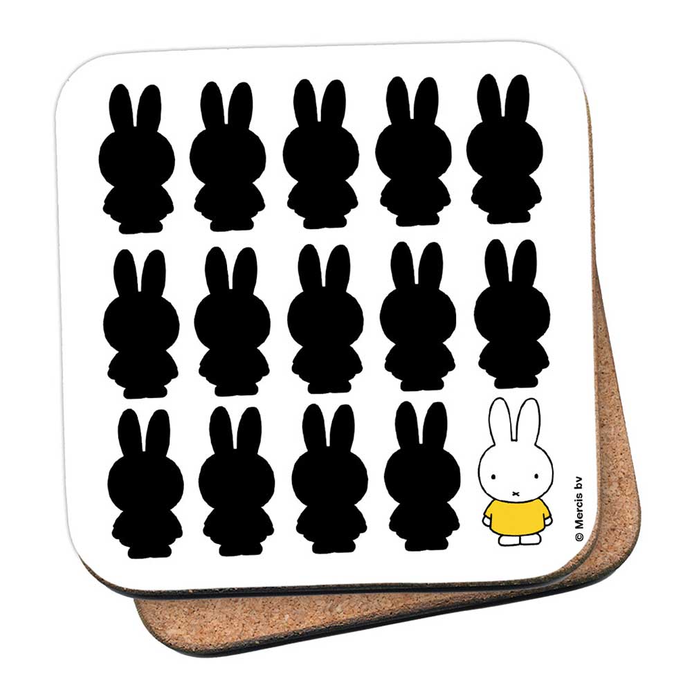 Miffy coaster: rows of black Miffy silhouettes with one white Miffy in yellow