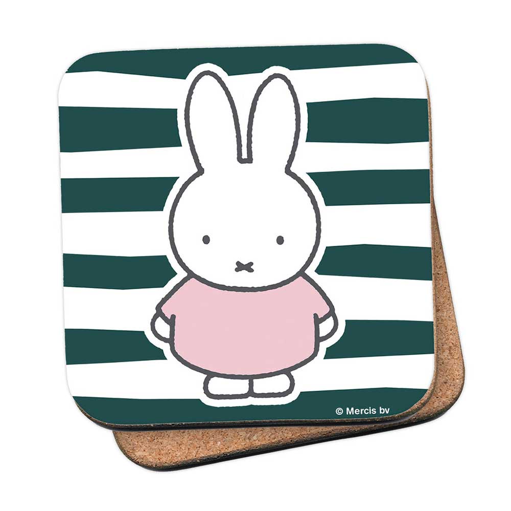 Miffy coaster: Miffy in a pink dress on dark green stripes