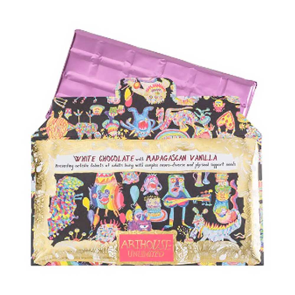 Arthouse Unlimited white chocolate with Madagascan vanilla bar with a colourful monster wrapper and purple foil