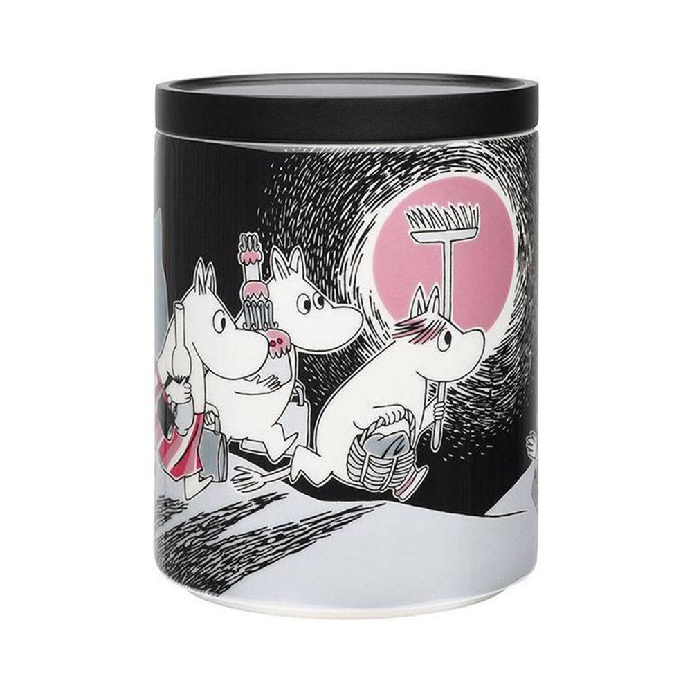 Moomin Adventure Move large jar: Moomins with lanterns in a black and white forest under a pink moon
