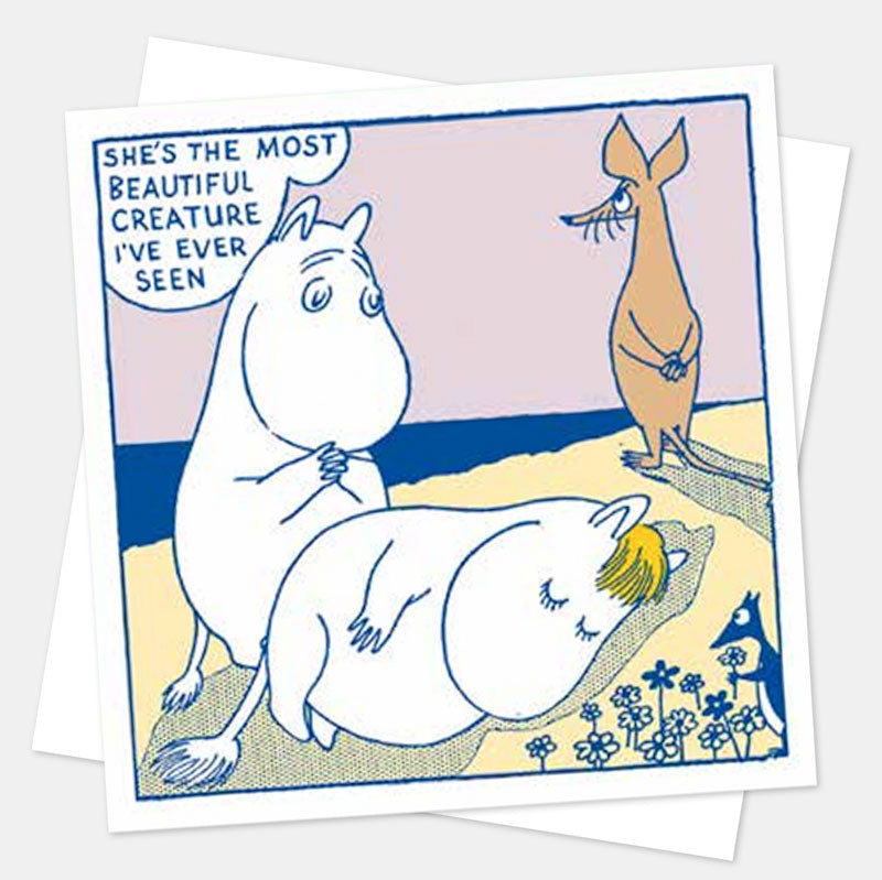 Moomin card of Moomintroll gazing at Snorkmaiden asleep on the beach: She's the most beautiful creature I've ever seen