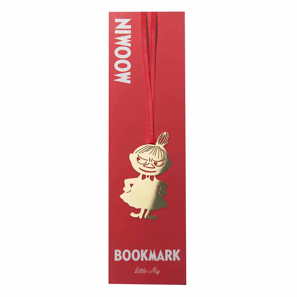 Gold metal Little My bookmark on a red ribbon, on its red Moomin backing card
