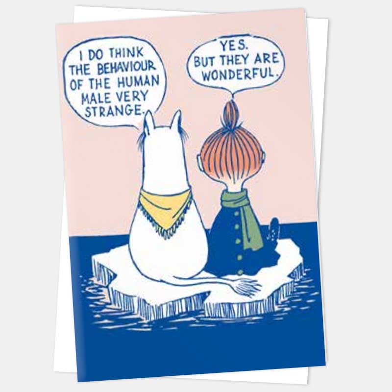 Moomin card of Moomintroll and Little My on an ice floe: 'I do think the behaviour of the human male very strange.' 'Yes, but they are wonderful'