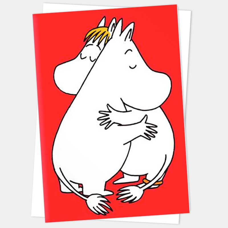Red mini card of Moomintroll and Snorkmaiden in a big hug