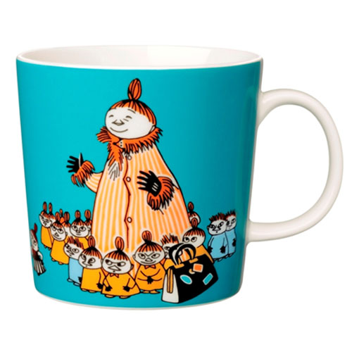 Moomin Mymble's Mother mug: Mymble's Mother in a striped dress with her many children, on turquoise