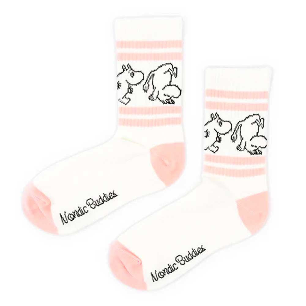 White Moomin tennis socks with pink stripes, heels and toes, printed with Moomintroll