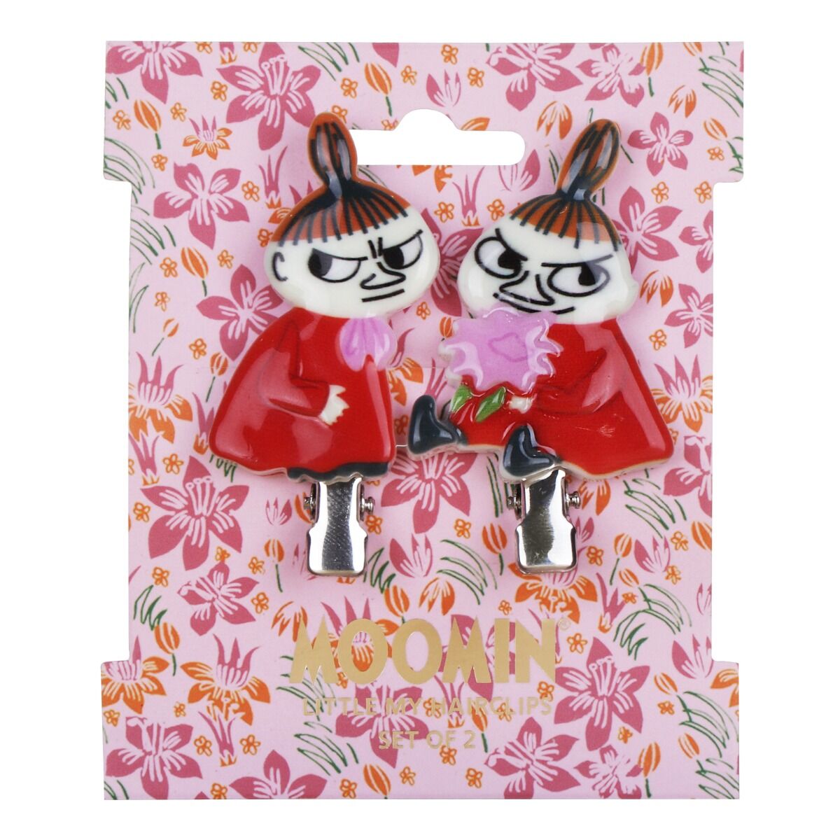 Moomin Little My resin hair clips: two red Little My clips on a pink floral card