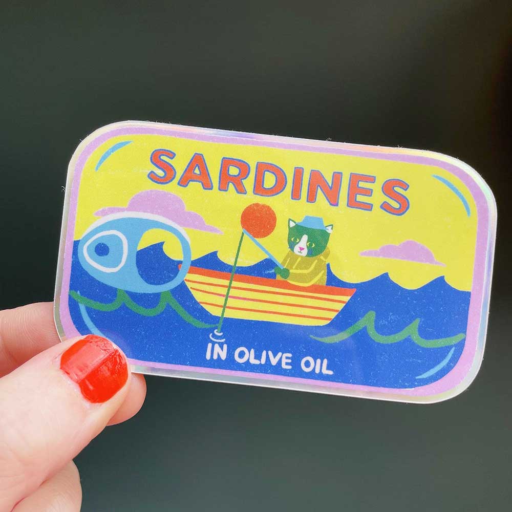 Close-up of the sardine tin sticker