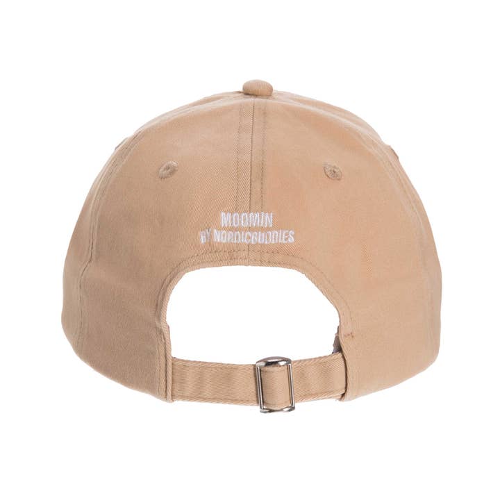 Back of the beige cap with Moomin by Nordicbuddies embroidery and a metal strap buckle