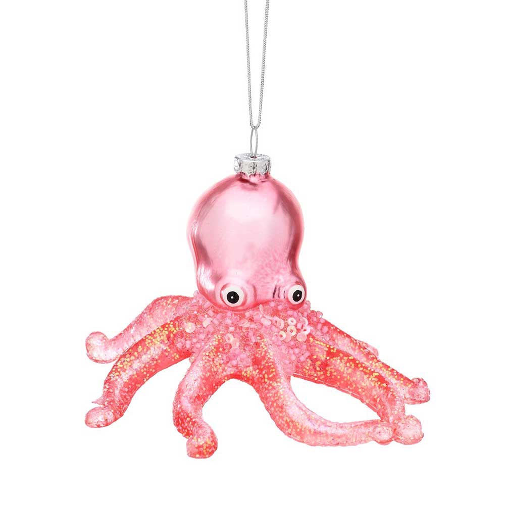 Glass Christmas bauble shaped like a pink glitter octopus