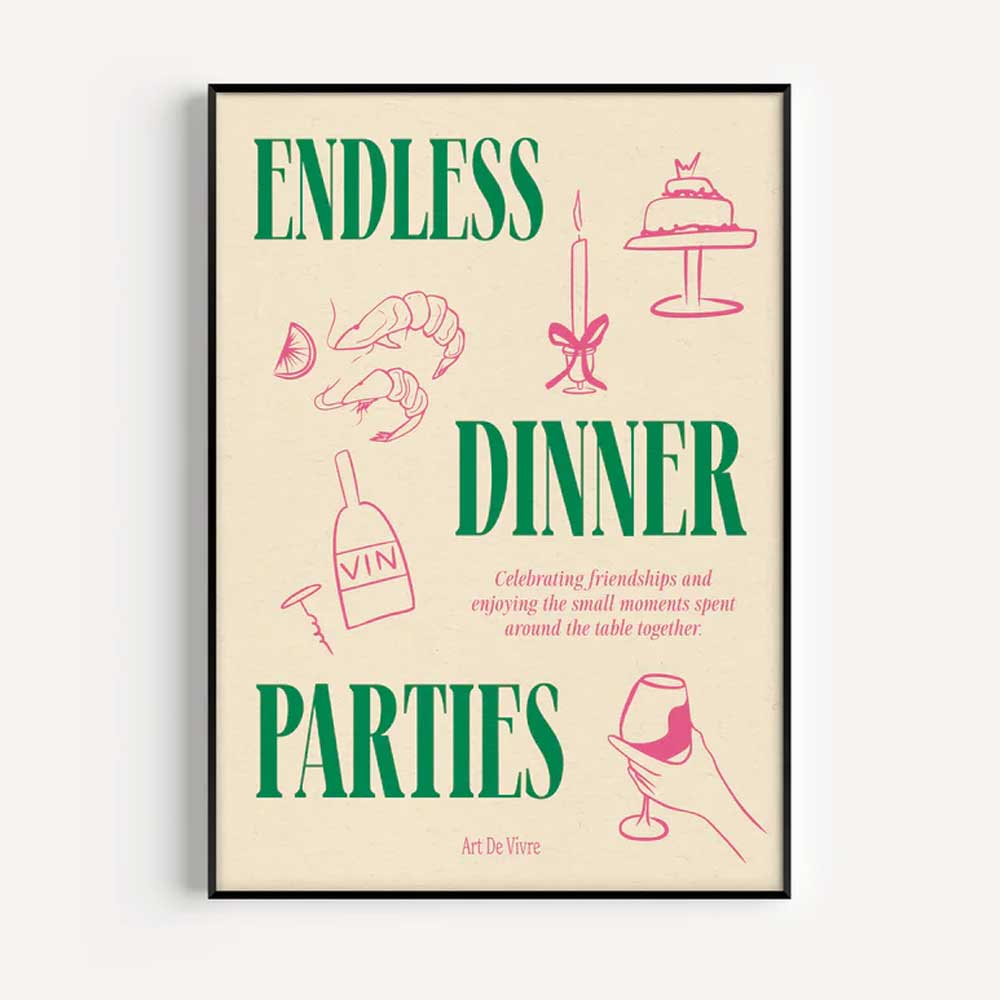 Proper Good A3 print: 'Endless dinner parties' in green with pink line drawings of food and wine, framed