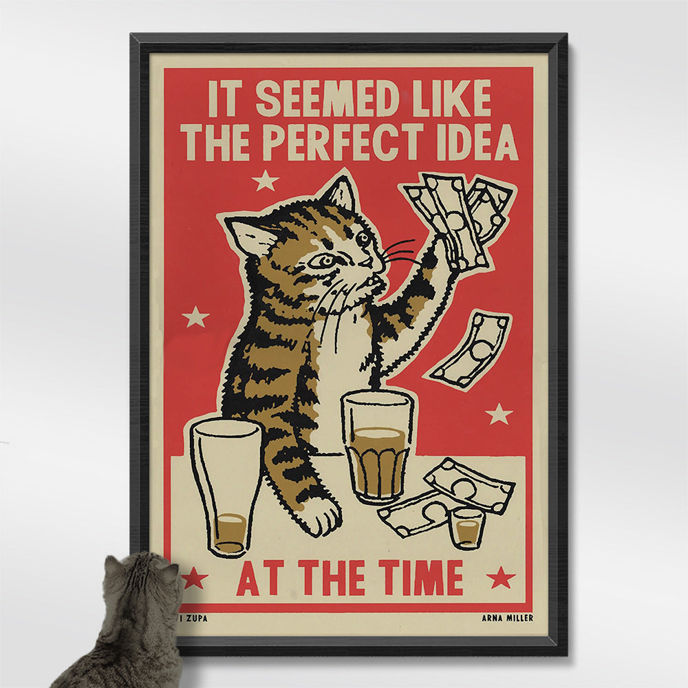 Framed screenprint of a tabby cat throwing money in the air: It seemed like the perfect idea at the time
