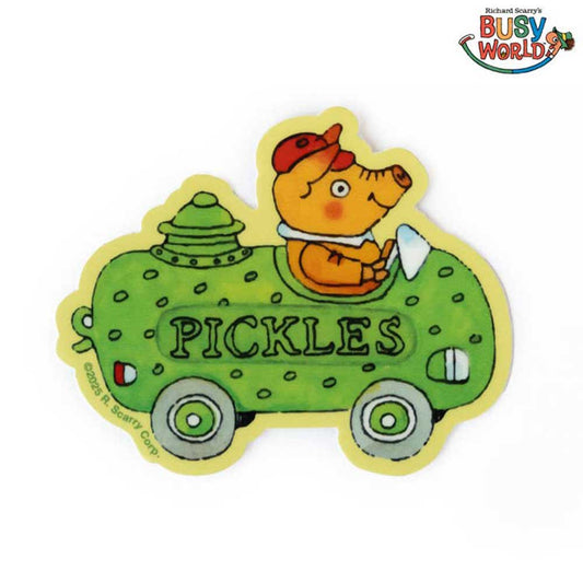 Richard Scarry Busy World Pickle Car sticker with Pickles the pig at the wheel