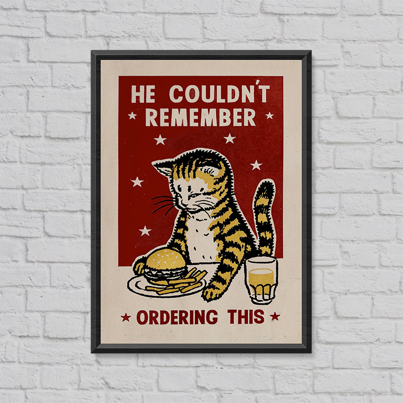 Framed screenprint of a tabby cat with a burger and a drink: He couldn't remember ordering this