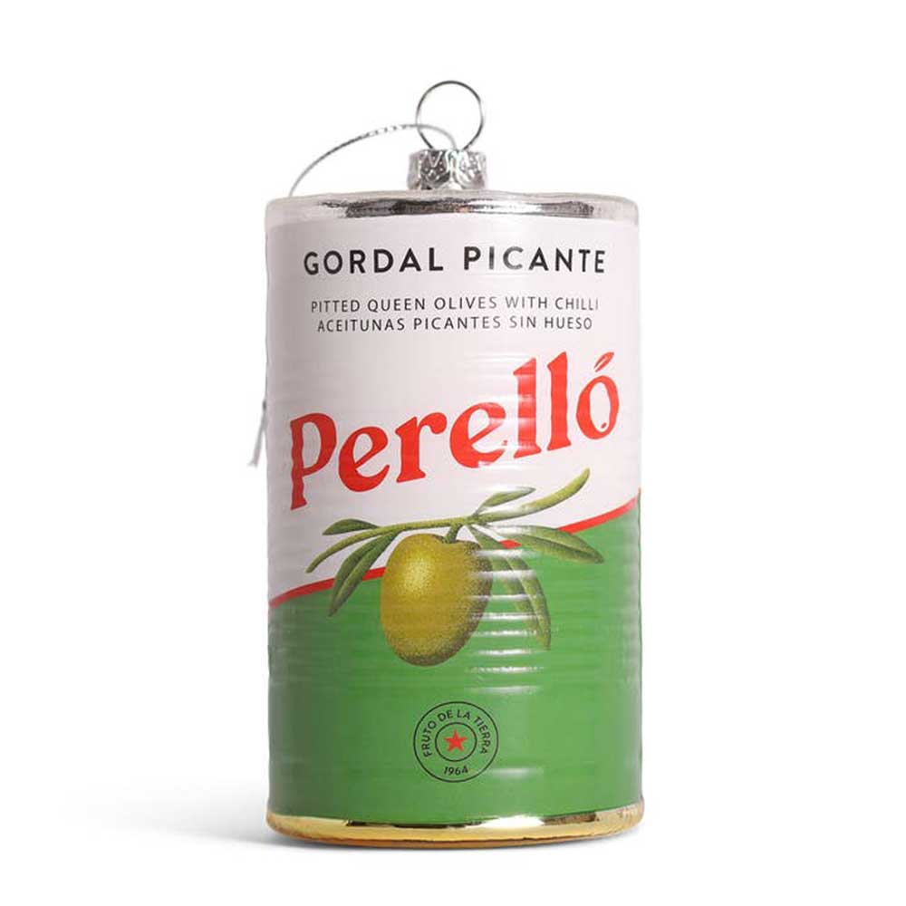 Glass tin of Perelló gordal picante olives Christmas decoration