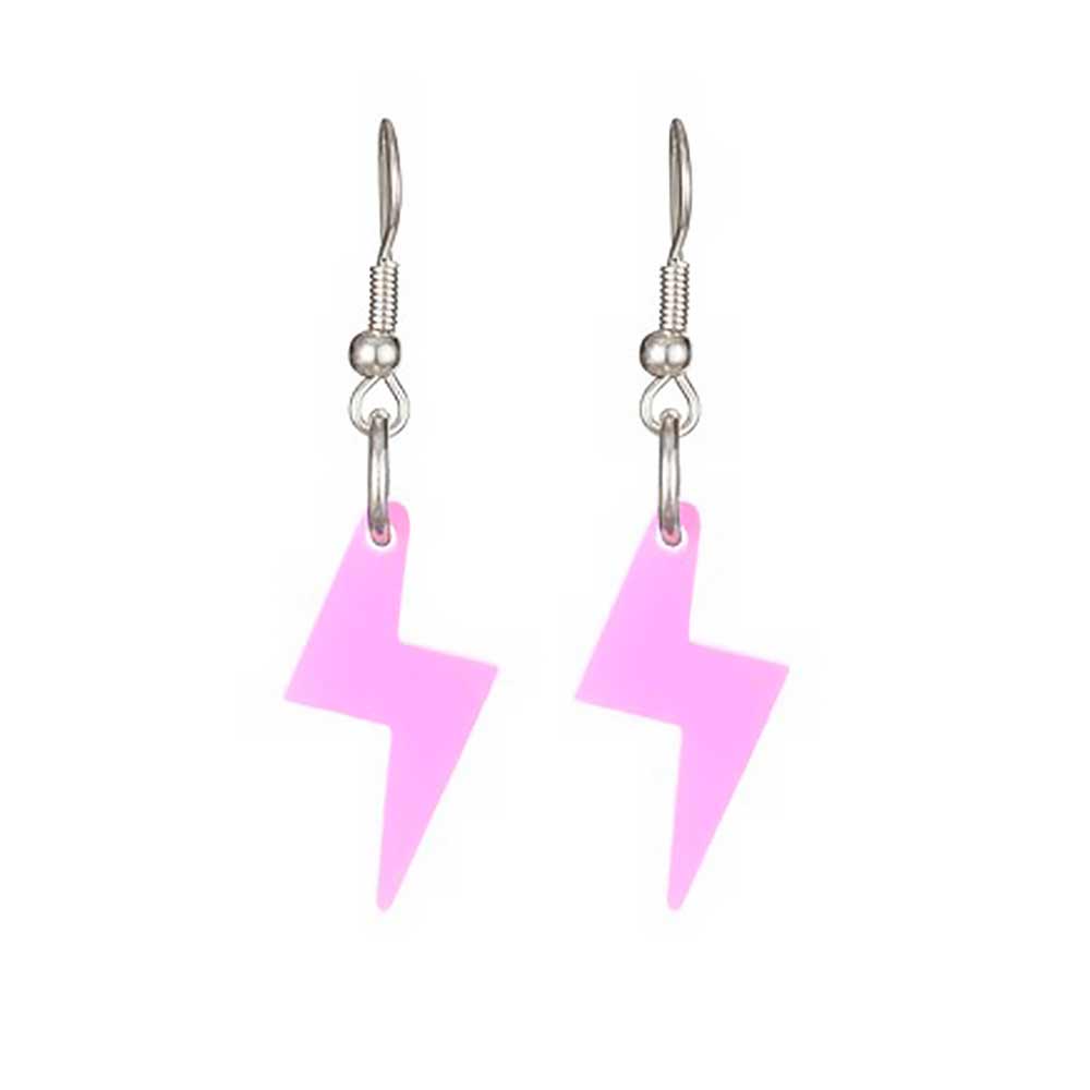 Fluoro pink bolt earrings, close-up