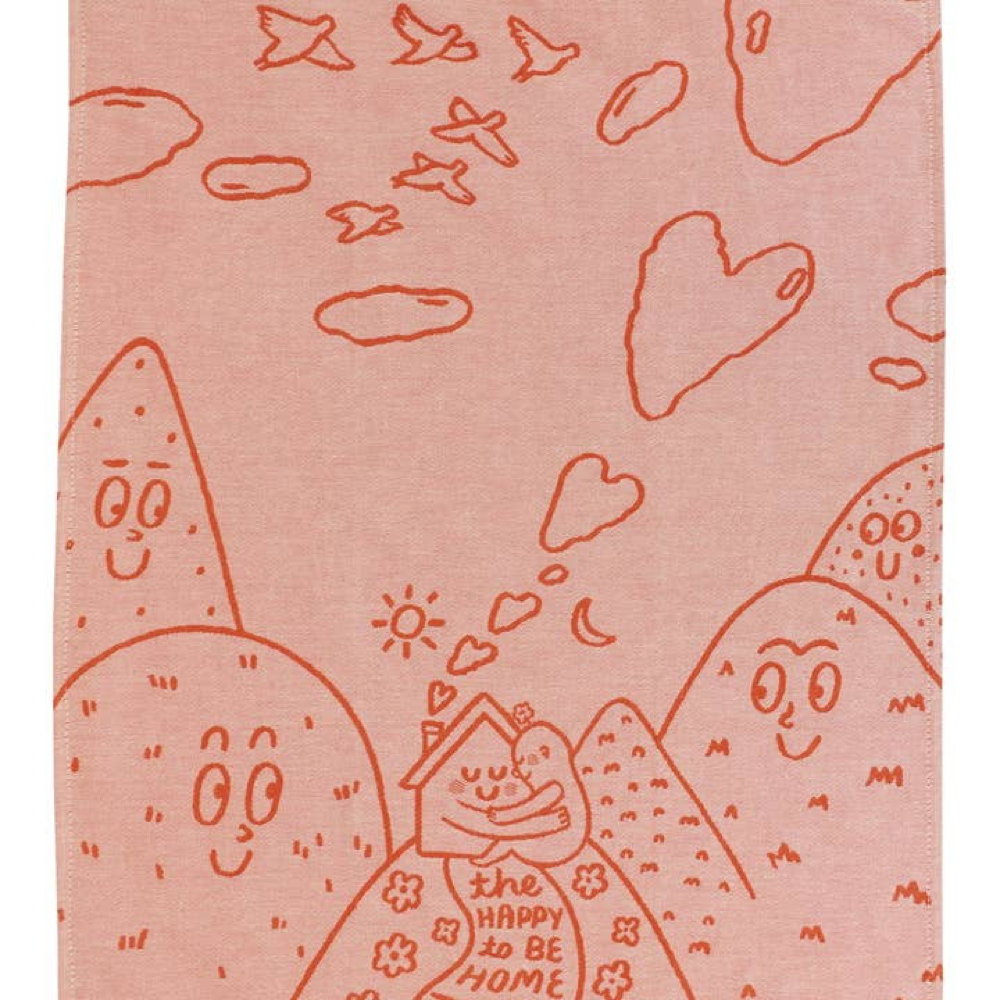 Unfolded Happy to Be Home tea towel with hills, hearts and birds
