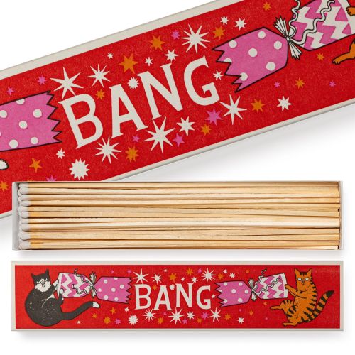Archivist Bang long matches: a Christmas cracker with cats, open to show the long matches