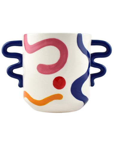Que Rico Eva vase: white with blue wavy handles and pink, red and orange shapes