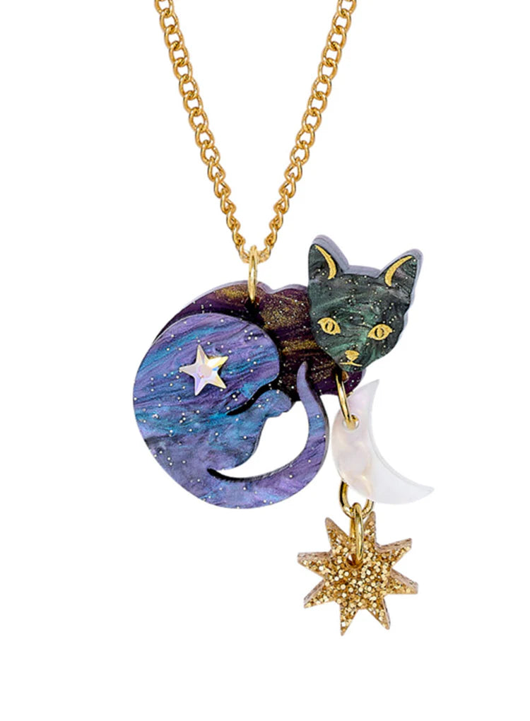 Tatty Devine Astrologer's Cat necklace: a purple and green curled-up cat with a moon and gold star