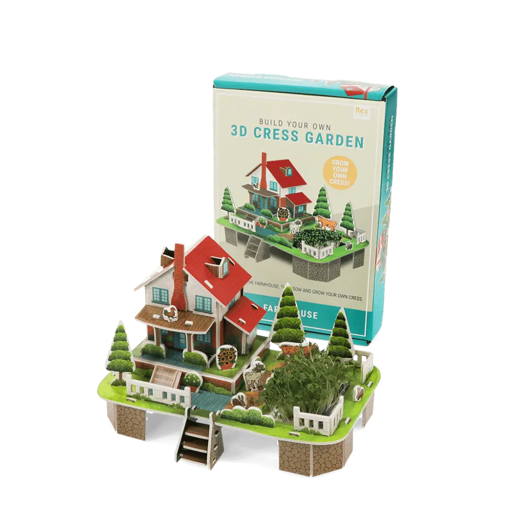Rex build-your-own 3D cress garden: a cardboard farmhouse with growing cress in front of its box