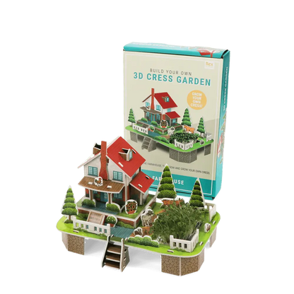 Rex build-your-own 3D cress garden: a cardboard farmhouse with growing cress in front of its box
