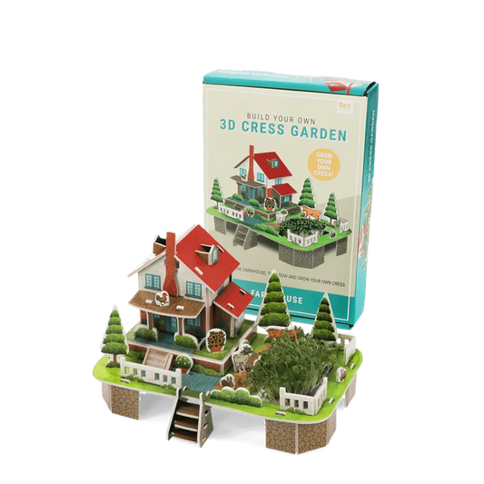 Rex build-your-own 3D cress garden: a cardboard farmhouse with growing cress in front of its box