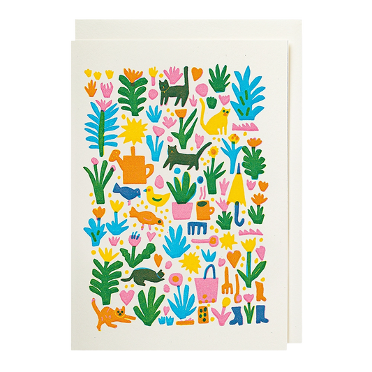 Archivist mini card: cats, plants, watering cans and flowers in bright colours on white