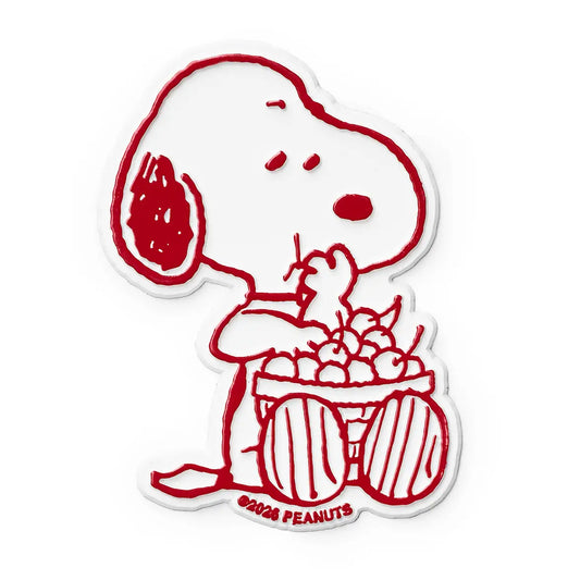Snoopy magnet: Snoopy eating from a basket of cherries, in red outline