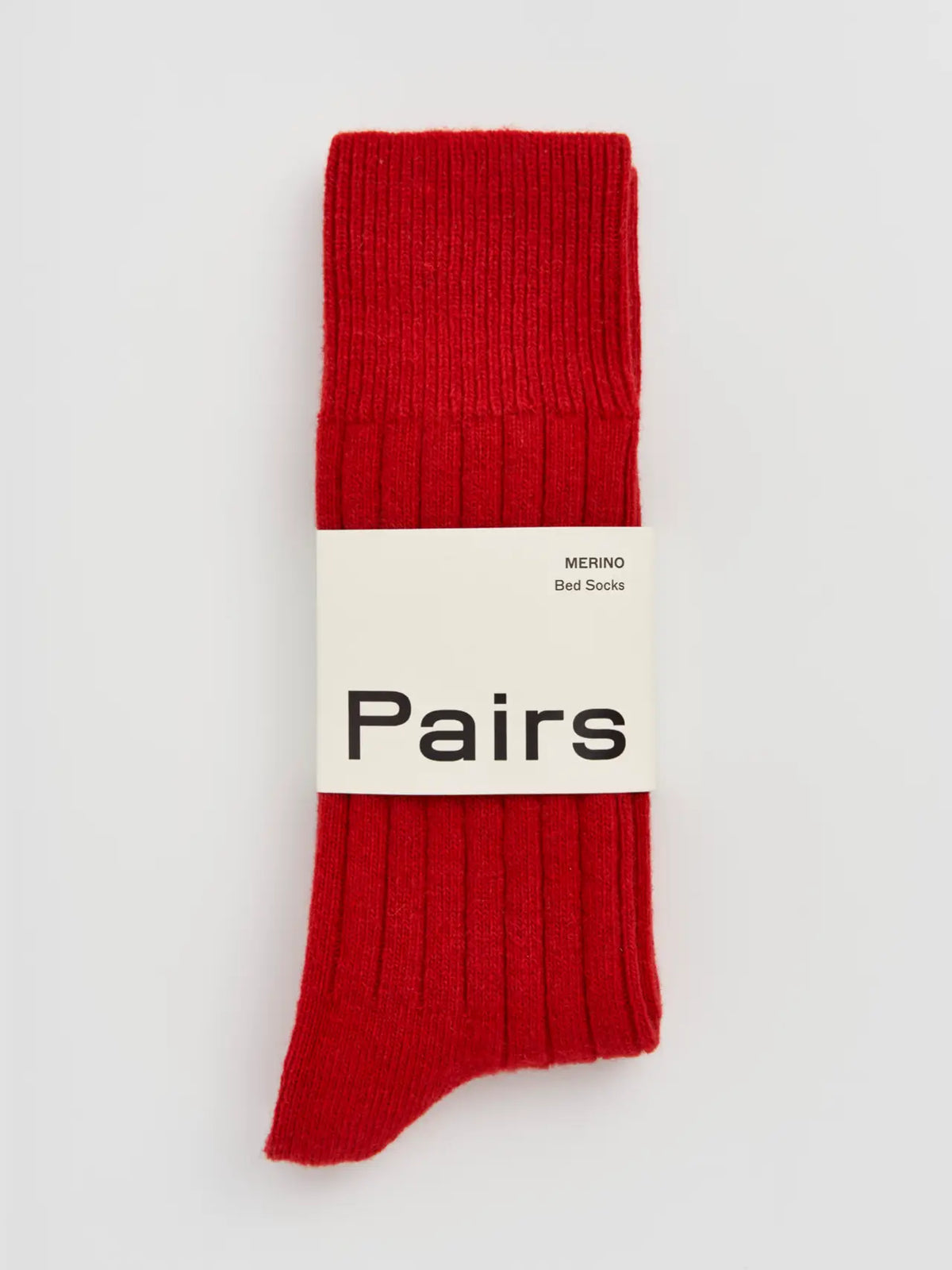 Pairs merino bed socks in postbox red, large, ribbed, with a Pairs paper band