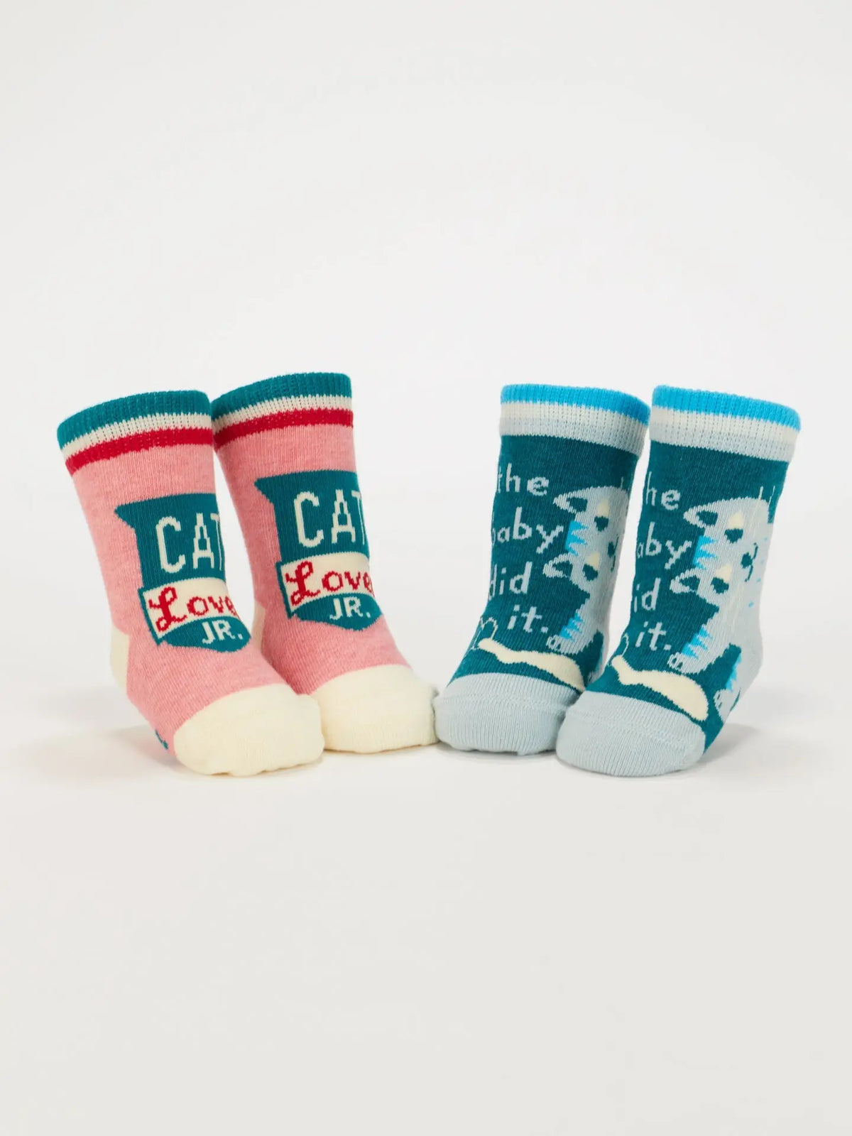 Both pairs of Cat Lover Jr. baby socks standing upright