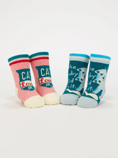 Both pairs of Cat Lover Jr. baby socks standing upright