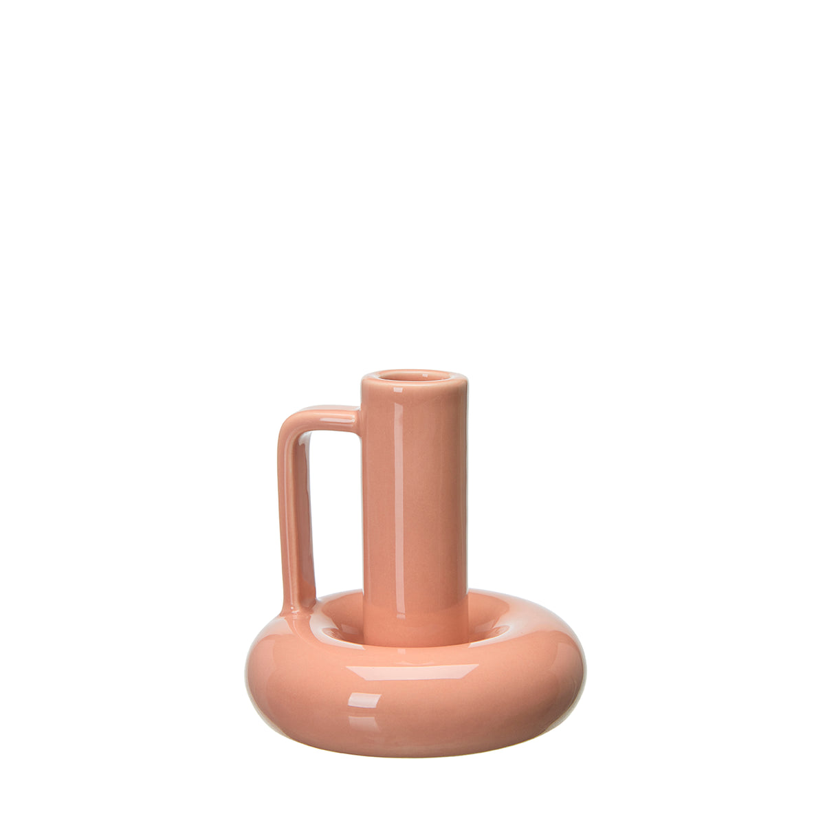 Wikholm peach ceramic candlestick with a ring base and handle