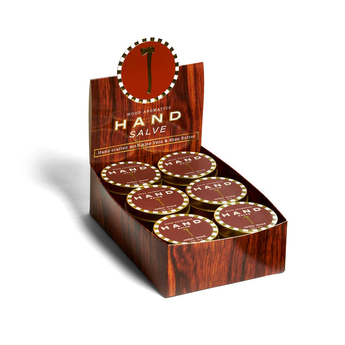 Display box of Kalastyle cedar wood hand salve tins