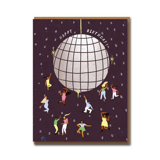 Dark purple card with people dancing under a big disco ball: Happy birthday